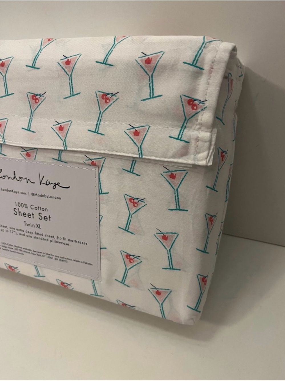 London Kaye Twin XL Size Cotton Sheet Set Martini Glasses Print White Pink Green - Picture 12 of 12